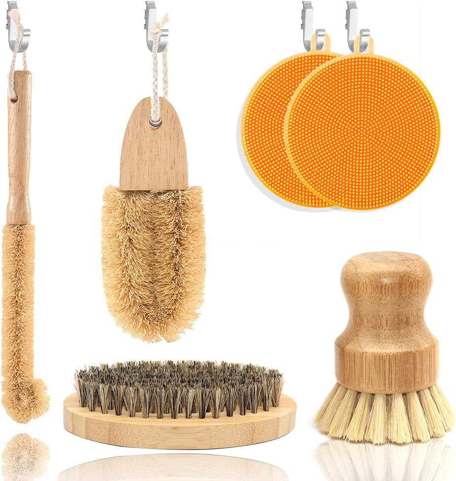 USADO-NO INCLUYE GANCHOS-Set de Limpieza de Cocina Ecológico | Cepillos de Madera y Bambú para Platos, Ollas, Sartenes y Verduras