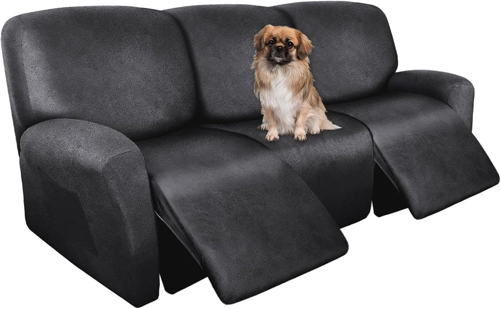 Funda para sofá reclinable ANARACHON con aspecto de cuero, fundas para sofá reclinable de 3 cojines, 8 piezas, protector de muebles de tela spandex lavable (3 plazas, 01 Gris oscuro)