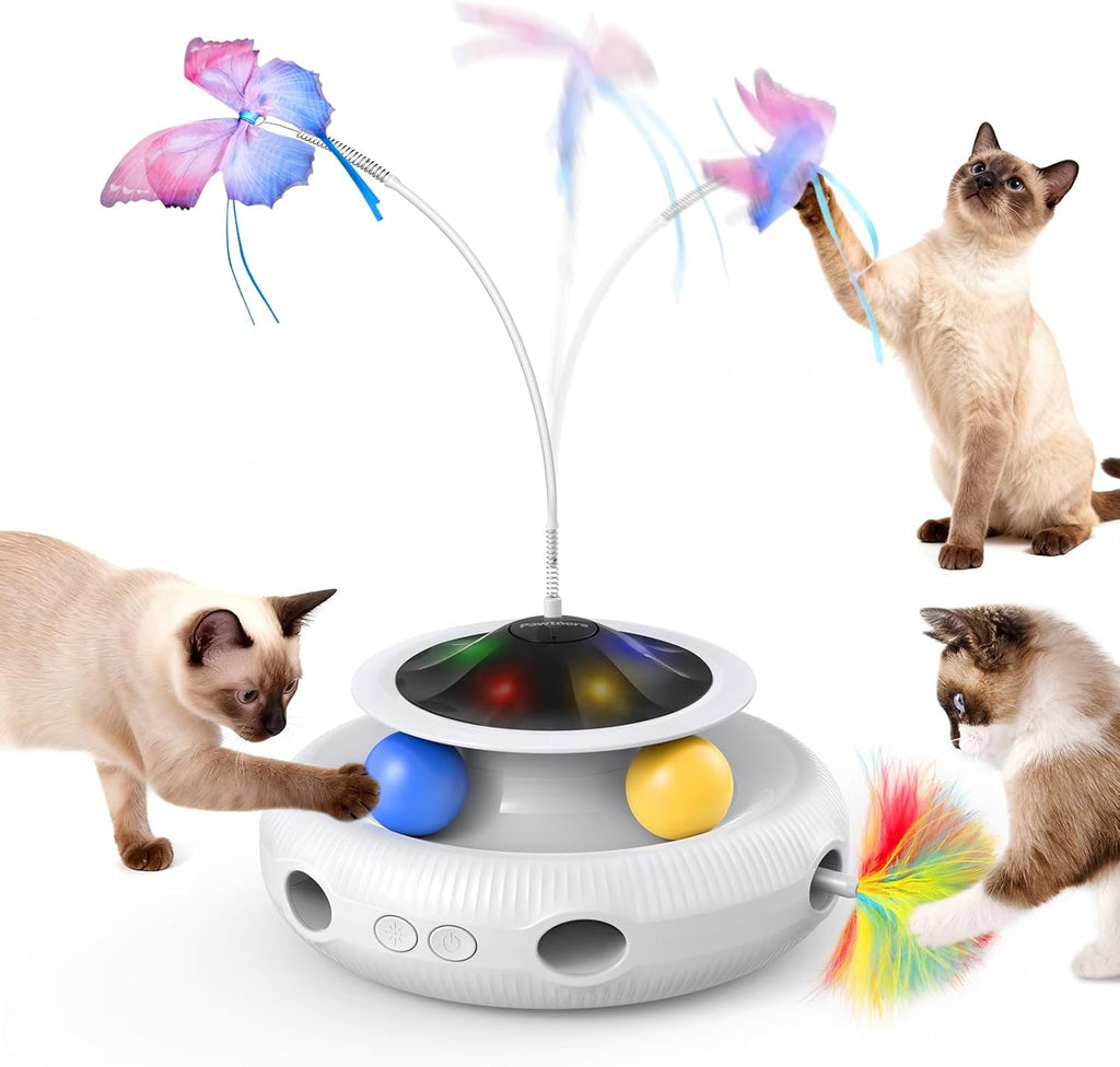 Juguete Interactivo para Gatos Pawtners 4 en 1 – Automático, Recargable, Mariposa, Pelotas y Pluma de Emboscada
