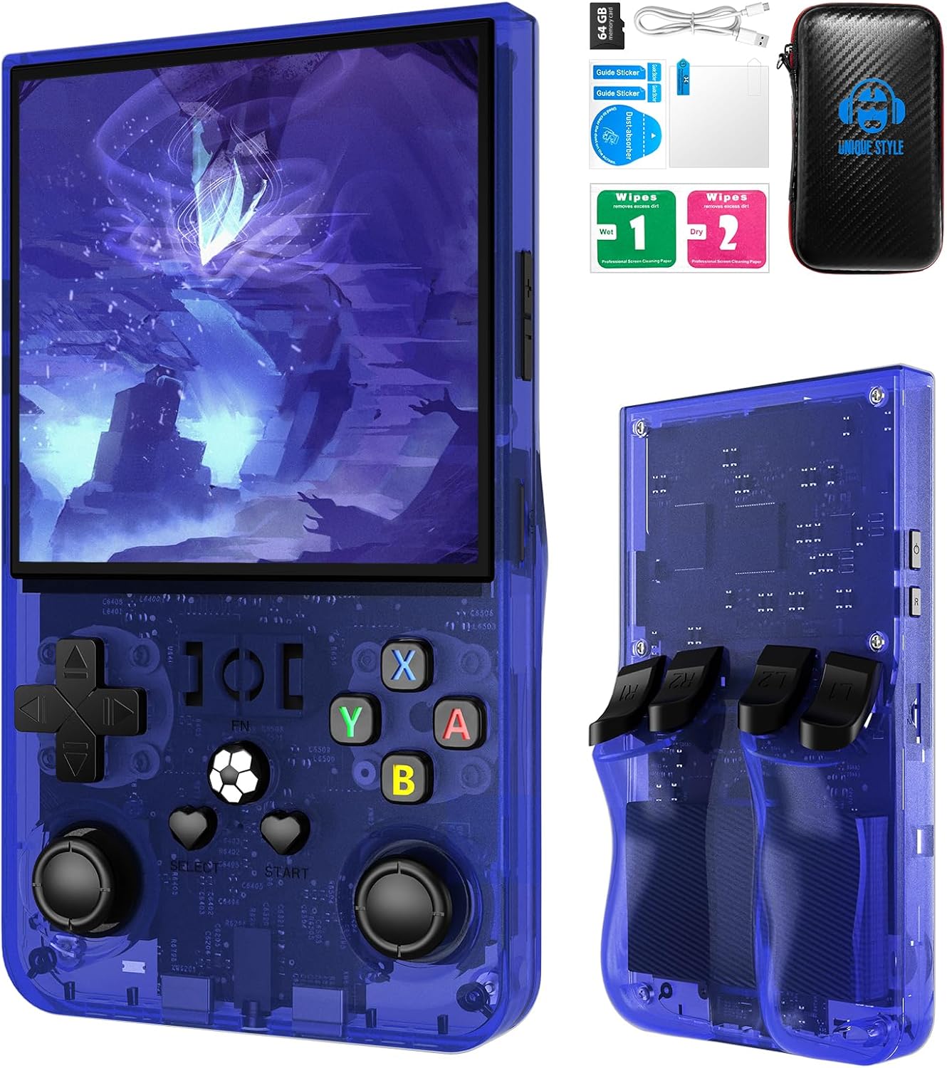 R36MAX Retro Gaming Console, Retro Handheld Games Console with 64GB TF Card, Portable Hand Held Open Source Linux System, 4.0 inch IPS HD Screen Video Game Consoles, 4000mAh Battery (Blue)