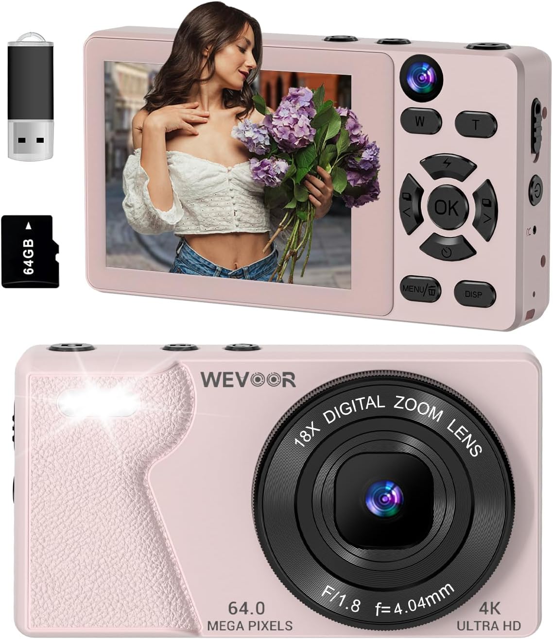 Cámara Digital Wevoor 4K 64MP con Doble Lente y Zoom 18X – Autofocus, Batería 2000mAh para Vlogging, YouTube y Viajes (Rosa)