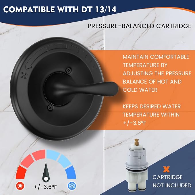 Mango de ducha negro mate individual T13020-BL de repuesto para kit de molduras de válvula de ducha de una sola función DT 13/14, compatible con válvula de la serie R10000, juego de mango de ducha