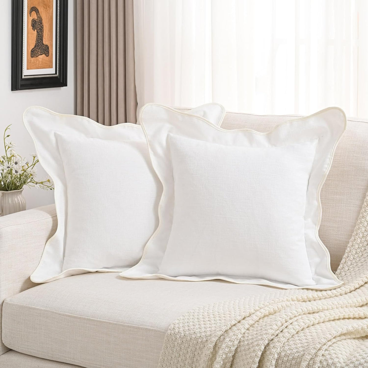 FUTEI Paquete 2 Fundas Almohada Volante Sólido Bordado 60 x 60 cm Suave Terciopelo Fundas Cojín Decorativas Europeas Granja Acento para Sofá Cama Sala, Blanco