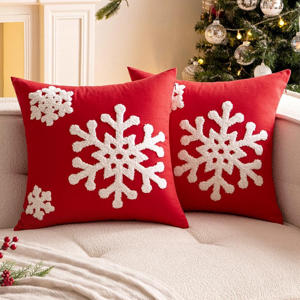 Fundas de Almohada Navideñas con Bordado de Copo de Nieve – Pack de 2, 18x18 Pulgadas