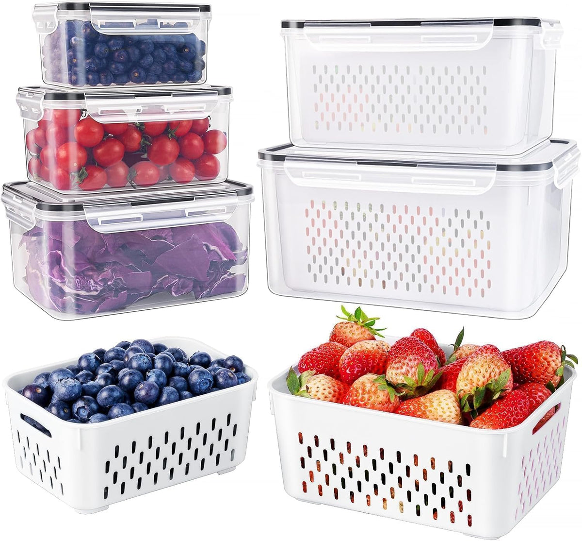 5 recipientes grandes para frutas para el refrigerador - Recipientes de almacenamiento de alimentos a prueba de fugas con colador extraíble - Aptos para lavavajillas y microondas. Los recipientes mantienen las frutas, verduras