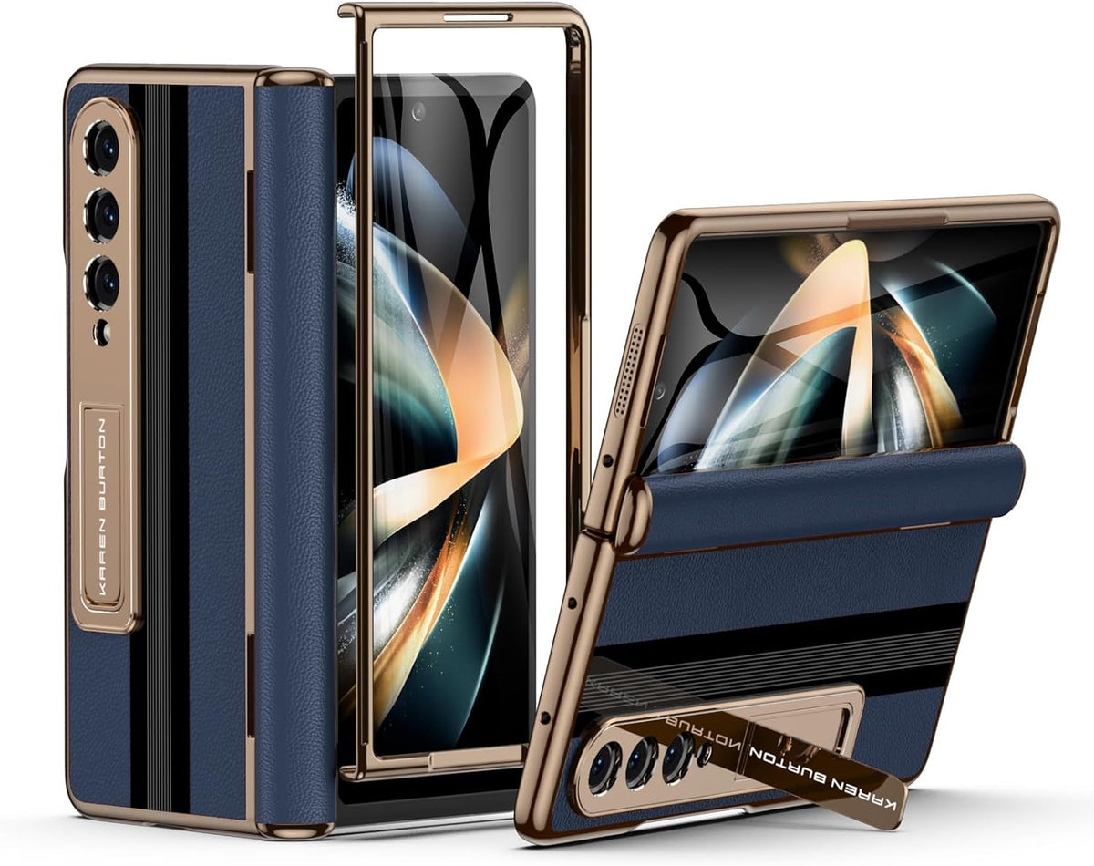 Funda karenDon para Samsung Galaxy Z Fold 4 [Piel auténtica de lujo de primera calidad][Protección completa de la bisagra][Protector de pantalla integrado][Funda protectora a prueba de caídas con soporte] para Z Fold4 (Azul real)