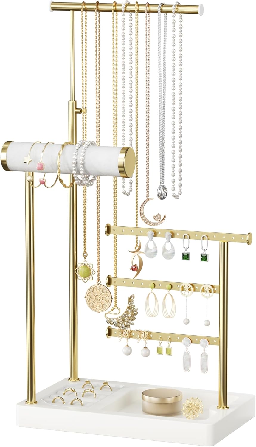 Organizador de Joyas  | Soporte Dorado con Base de Terciopelo y Altura Ajustable para Collares, Pulseras, Aretes y Anillos | Blanco ARTICULO VIENE COMO SE OBSERVA EN LA SEGUNDA IMAGEN )