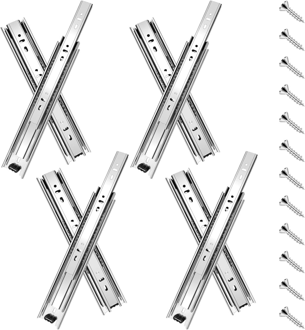 Correderas para cajones de 16 pulgadas, 4 pares (8 piezas), extensión completa, con rodamientos de bolas, montaje lateral, 3 pliegues, de metal, para archivadores, botes de basura, armarios de cocina, 16 pulgadas, color plateado, capacidad de 100 lb 