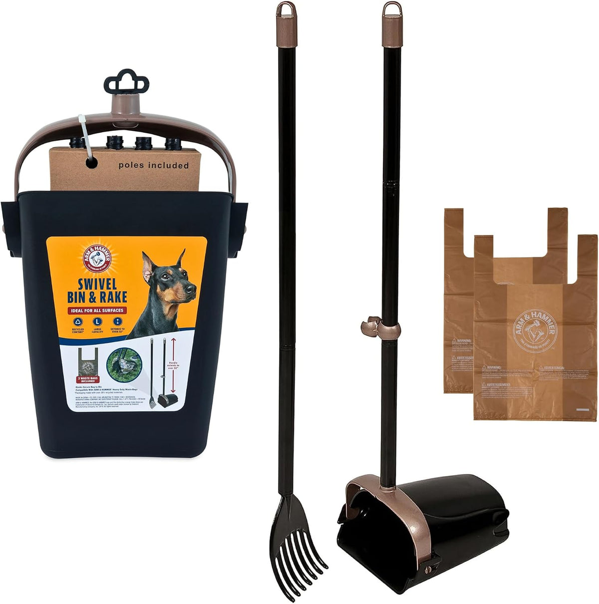 Recogedor de excrementos para perros Arm & Hammer con cubo giratorio y rastrillo, color negro (incluye 2 bolsas resistentes perfumadas para desechos).