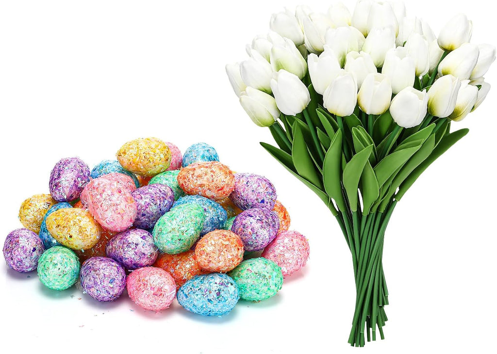 Canlierr Juego de decoración para centro de mesa de primavera, tulipanes artificiales con huevos en tonos pastel, rellenos para jarrones para decoración del hogar, bodas, fiestas y casas de campo (blanco)