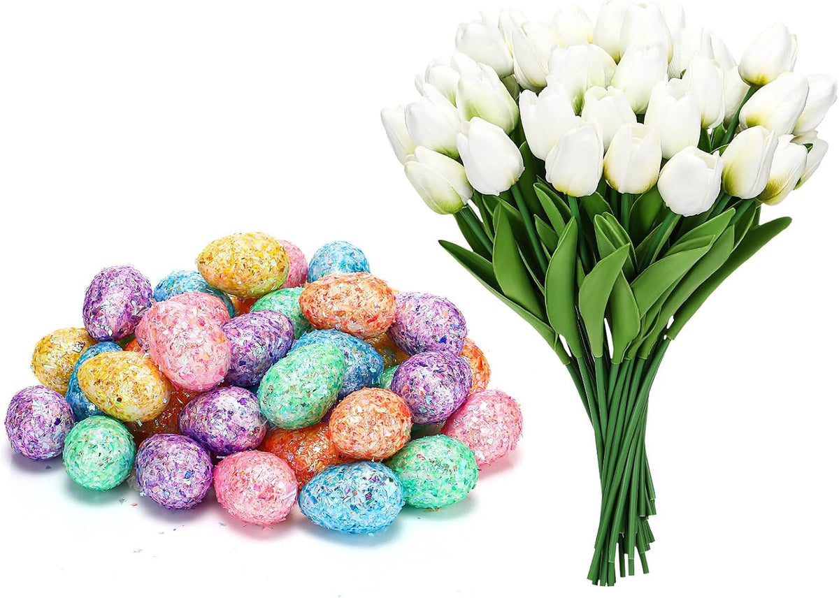Canlierr Juego de decoración para centro de mesa de primavera, tulipanes artificiales con huevos en tonos pastel, rellenos para jarrones para decoración del hogar, bodas, fiestas y casas de campo (blanco)