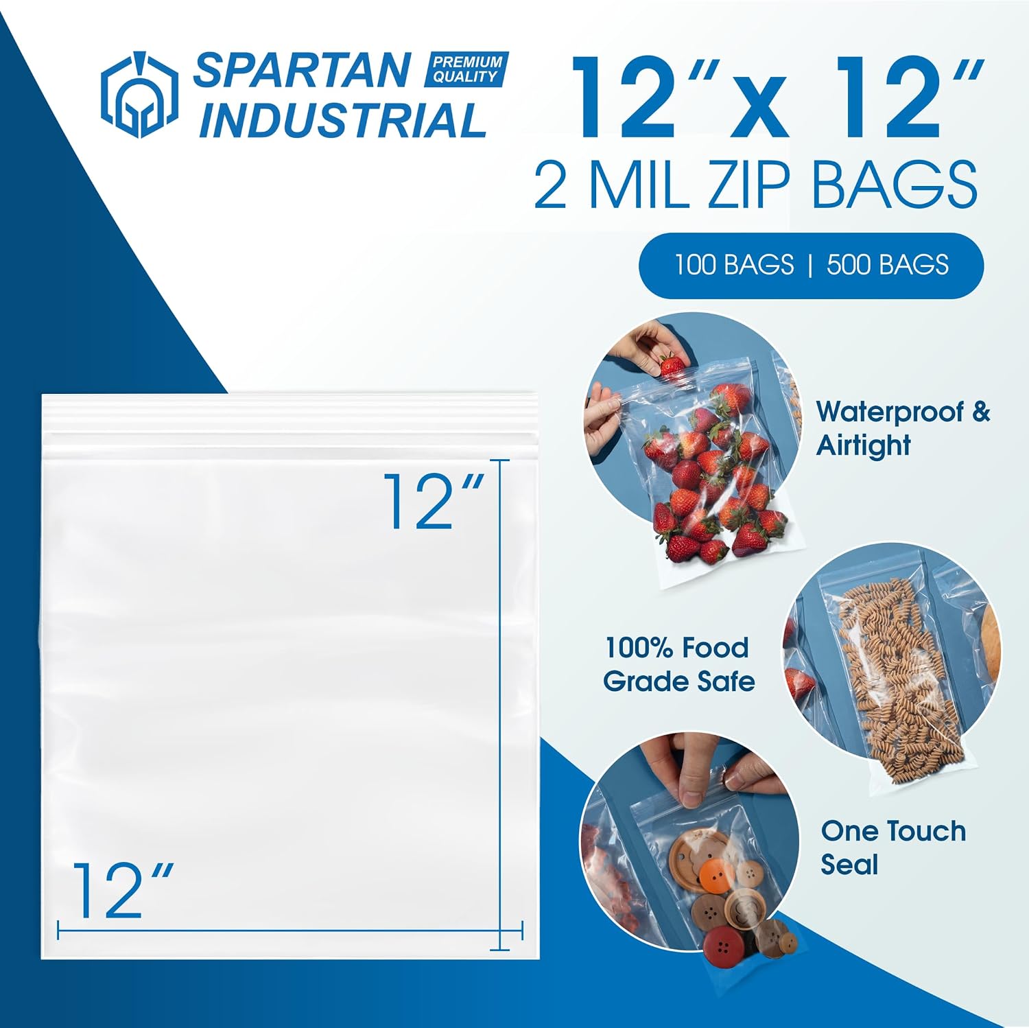 Spartan Industrial - 12 x 12 pulgadas (100 unidades) Bolsas de polietileno de plástico transparente con cierre de 2 mil con cierre resellable y cierre de cierre resellable