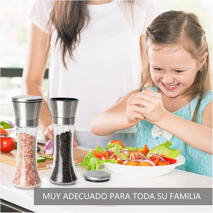 Molinillo de Pimienta O Sal 2Pcs: Multifuncional Moledor de Especias de Acero Inoxidabley Vidrio con Rudeza Ajustable para Pimienta, Especias o Sal Marino (6 oz/180 ml) ﻿