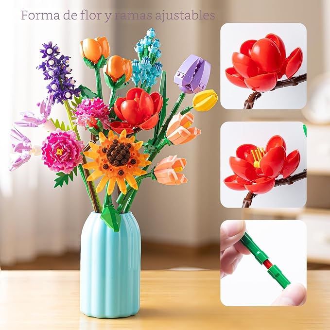 Sawaruita - Juego de bloques de construcción para mujeres adultas | 1006 Pcs Wildflowers with Vase Home Decor Gift, Mother’s Day, Valentine’s Day, Birthday Gift