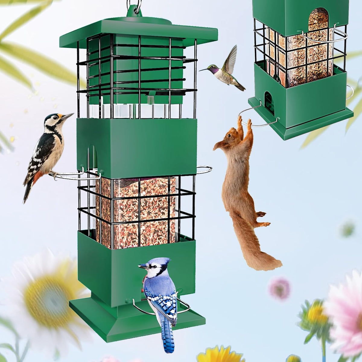 USADO-Comedero para Pajaros a Prueba de Ardillas | Metal Resistente 3 Lbs con 4 Puertos para Exterior, para Cardenales, Pinzones y Aves Silvestres (Verde)