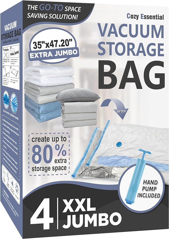 Bolsas de Almacenamiento al Vacío Cozy Essential XXL – Pack de 4, Tamaño Jumbo (47.2x35 in)