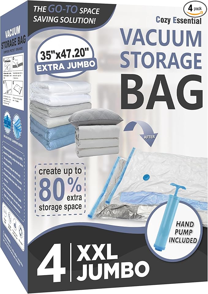 Cozy Essential Pack 4 Bolsas de Almacenamiento al Vacío XXL Jumbo 47.2x35" – Para Edredones, Ropa de Cama y Peluches