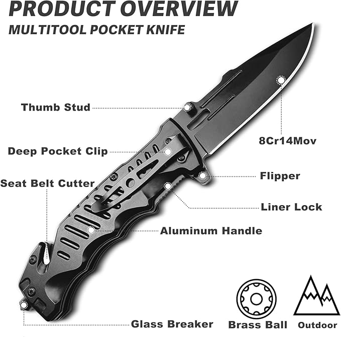 NO INCLUYE EL ESTUCHE – MADSABRE Navaja de bolsillo negra con clip, cuchillo de trabajo de 9.6 pulgadas, cuchillos plegables EDC con cortador de cinturón de seguridad y rompecristales, cuchillo plegable para supervivencia, campamento, senderismo