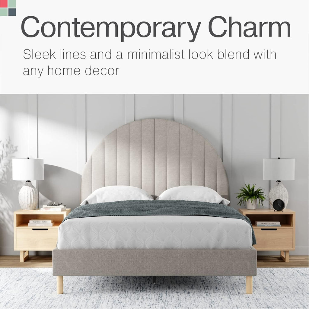 Cabecero Arqueado Stead con Base de Cama – Tamaños King y Queen – Plataforma Tapizada para Dormitorio Moderno y Estilo Mid Century – Gris