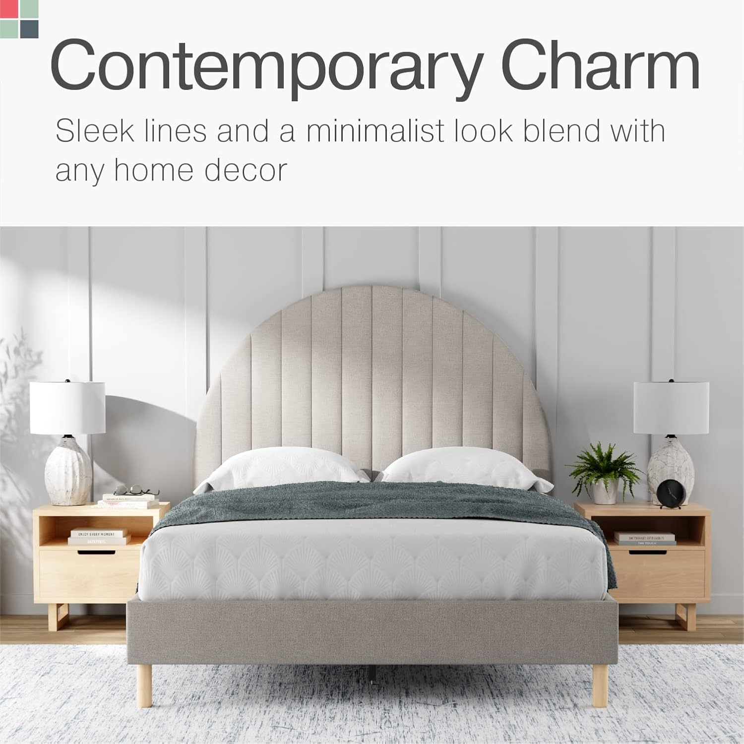 Cabecero Arqueado Stead con Base de Cama – Tamaños King y Queen – Plataforma Tapizada para Dormitorio Moderno y Estilo Mid Century – Gris