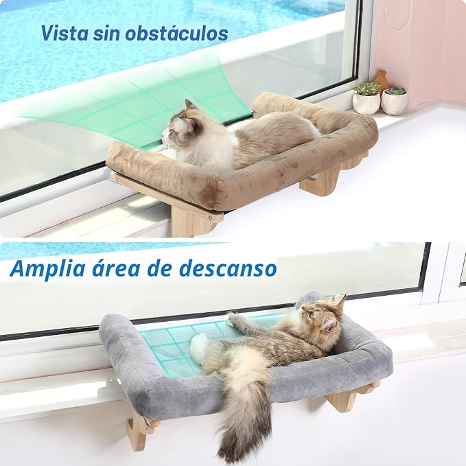 Repisa para Gato en Ventana ZAKKART – Hamaca Ortopédica con Madera Premium y Marco de Metal Robusto, 61 cm, Color Gris