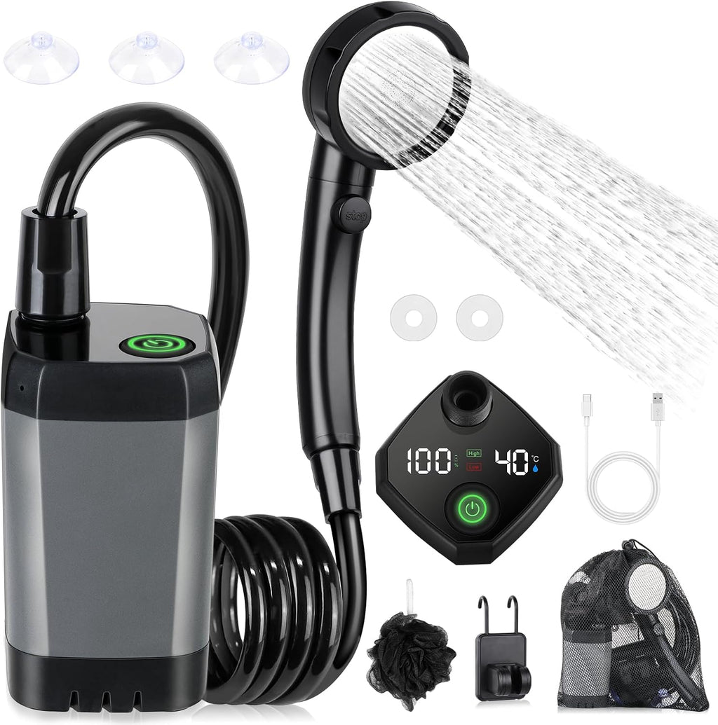 Ducha Portátil Spopal 6000mAh Recargable, Pantalla LED Inteligente, 4 Modos Pulverización, IPX7 Impermeable, para Camping Senderismo
