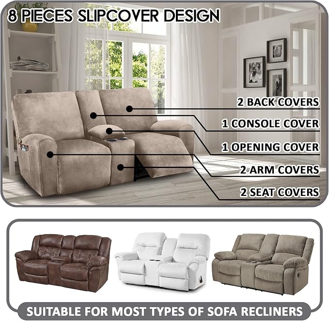 ULTICOR Funda de Terciopelo Elástico para Sofá Reclinable de 2 Plazas con Consola Central – 8 Piezas, Gruesa, Suave y Lavable