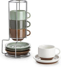 Juego de 4 tazas de espresso Sweese de 2.5 onzas, tazas de café apilables de porcelana con platillos y soporte de metal, multicolor 