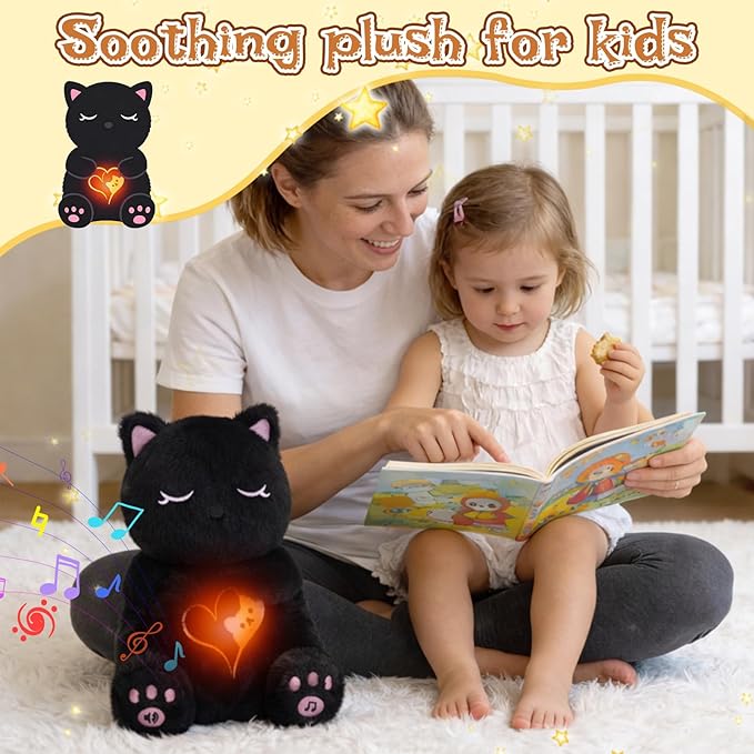 Peluche de gato respirable, de 11 pulgadas, con música calmante, luces, felpa suave para dormir para niños, adultos (modo de 3 niveles y volumen)