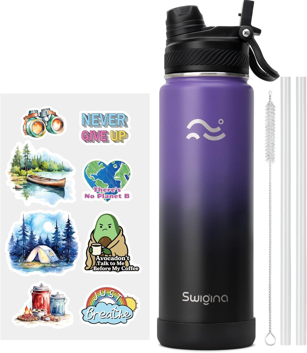 Swigina [2-IN-1 LID] Insulated Water Bottle with Silicone Boot (36hrs Cold/18hrs Hot) - DIY Stickers, Leakproof, BPA Free, 24 oz