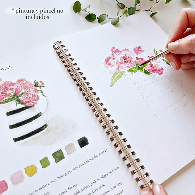 Cuaderno de trabajo de acuarela Bouquets de Emily Lex Studio, 12 ilustraciones dibujadas para principiantes, páginas en espiral planas, 6.5 x 9 pulgadas, papel de acuarela de 120 libras