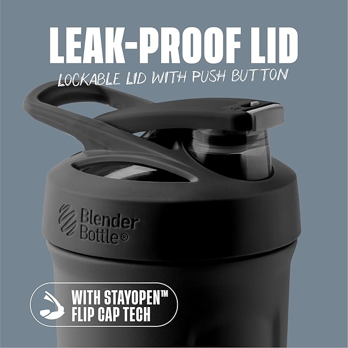 BlenderBottle Strada Shaker Cup - Botella de agua aislada de acero inoxidable con batidor de alambre, 24 onzas, color negro