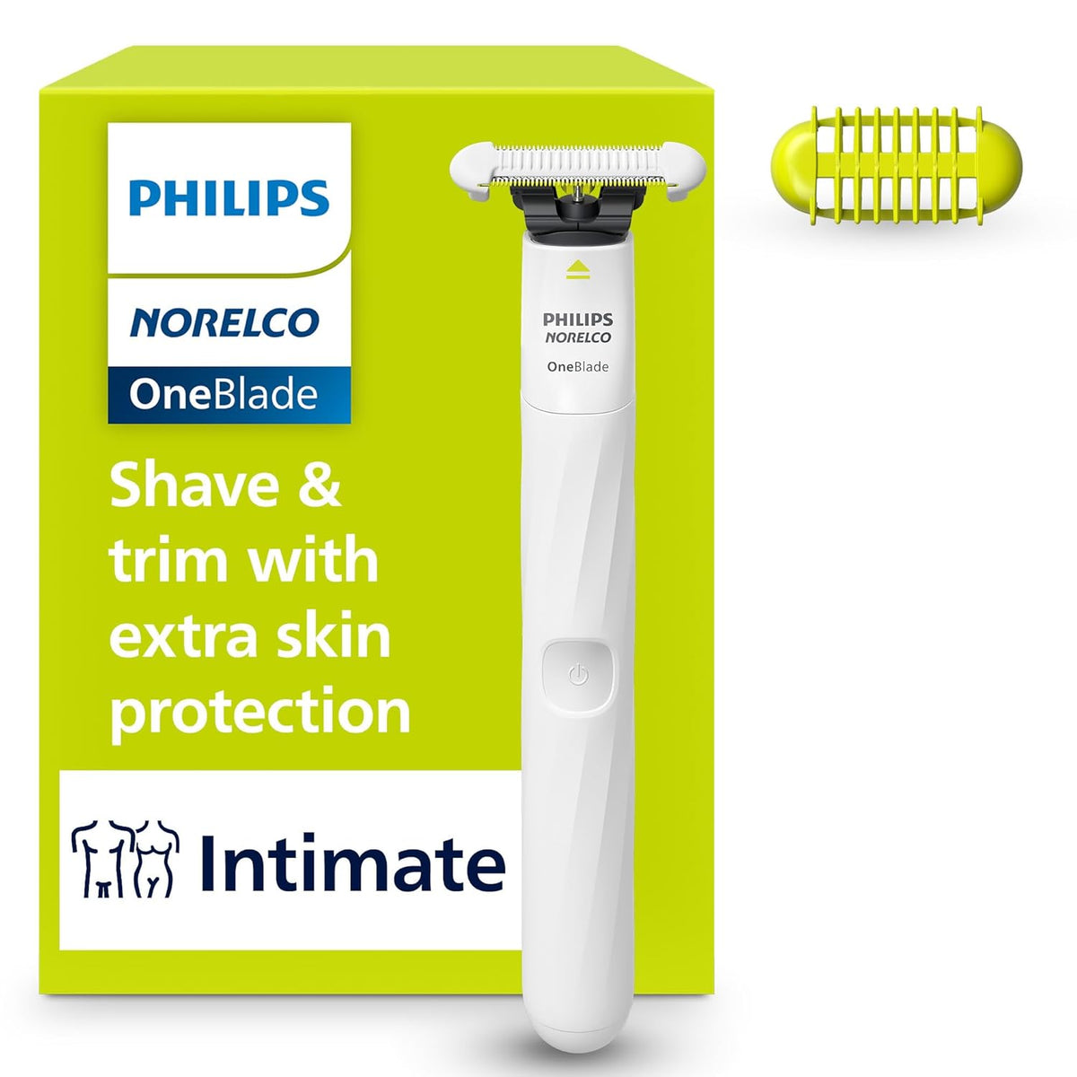 Philips Norelco OneBlade Intimate, diseñada para el cuidado del vello púbico, recorta y afeita con protección adicional para la piel, modelo QP1924/70