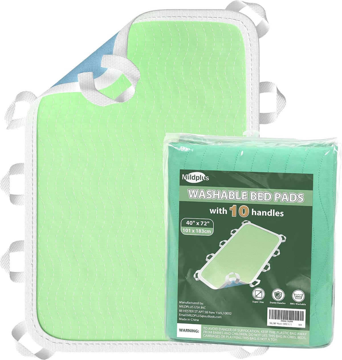 Protectores de cama lavables MILDPLUS con 10 asas resistentes, 40 x 72 pulgadas, protectores reutilizables extragrandes, 4 capas, impermeables, lavables para incontinencia (verde, 1 unidad).