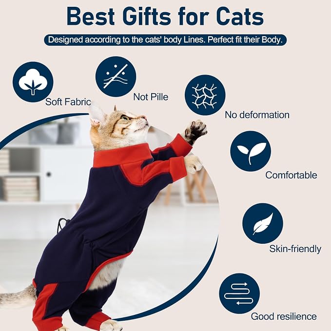 Pijama para gatos (solo para gatos), ropa para gatos con pelo pegajoso, ropa de manga larga para gatos Sphynx, traje anti-lamido o de recuperación de enfermedades de la piel para gatas, pijama enterizo para gatitos, azul oscuro, talla XS