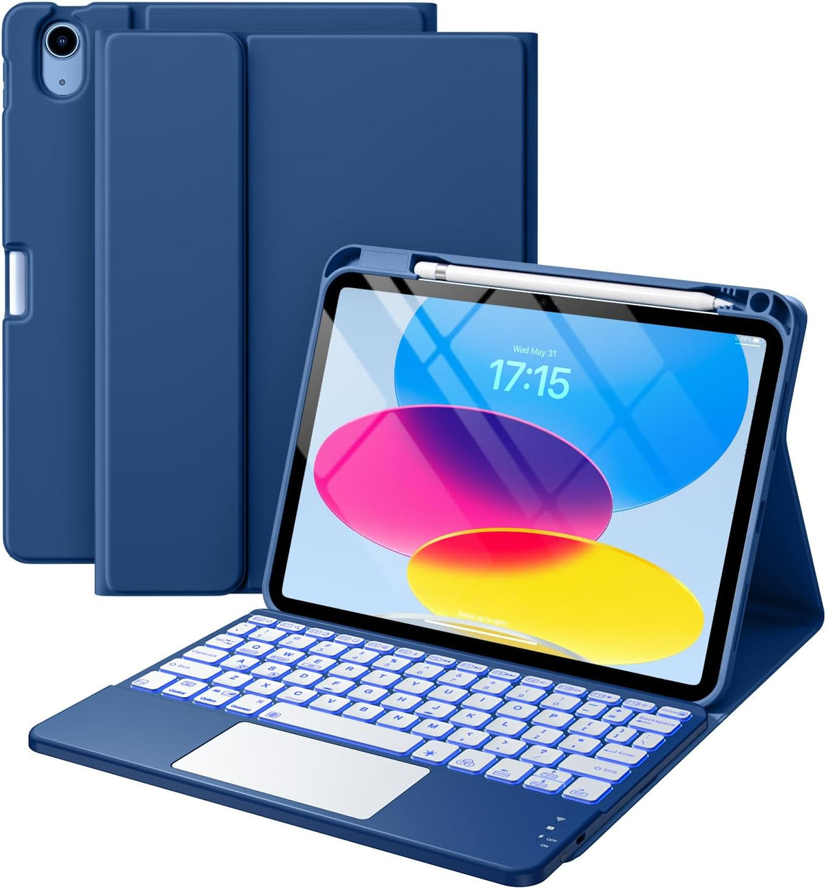 Funda Harvopu Compatible iPad 11ª 10ª Generación con Teclado Desmontable, Cubierta Folio, Soporte Lápiz, Trackpad Multi-Toque, 7 Colores Retroiluminación, Azul Marino