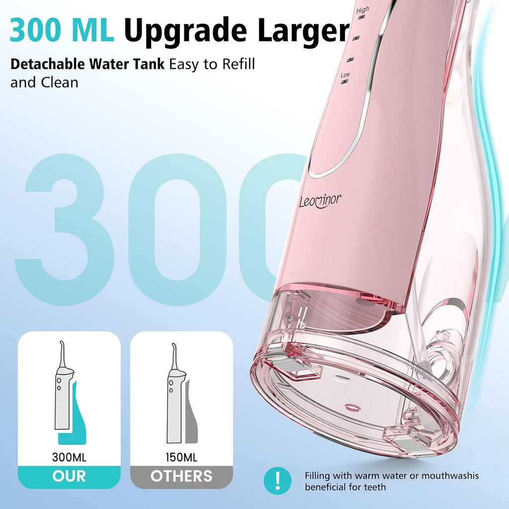 Irrigador Oral Portátil Leominor 300ml — Recargable, IPX7, Tanque Removible, Rosa