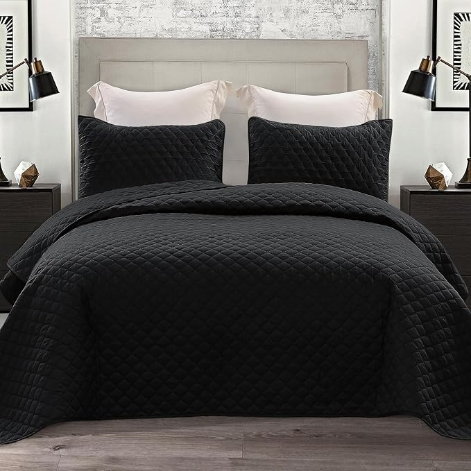 Exclusivo Mezcla - Juego de edredón reversible con fundas de almohada, ligero, suave, para todas las estaciones, 90 x 96 pulgadas, tamaño matrimonial y queen, negro