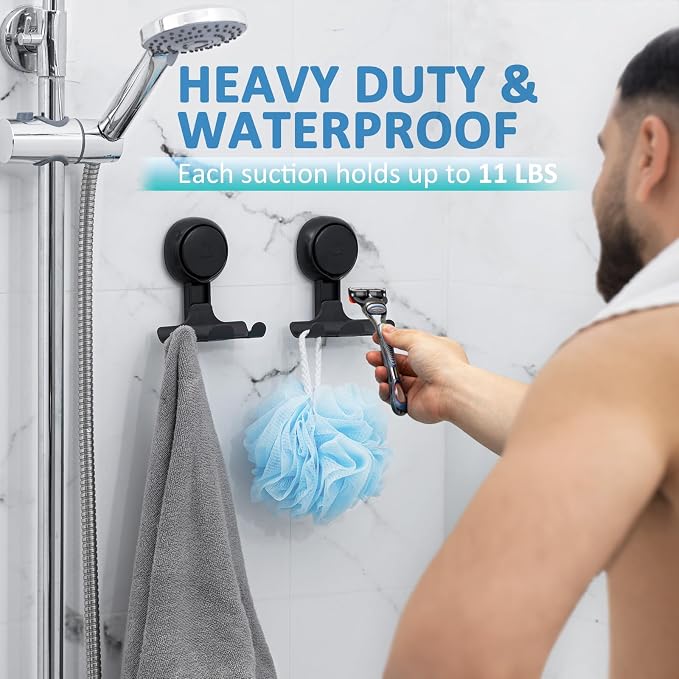 TAILI Soporte para maquinilla de afeitar con ventosa para ducha, paquete de 2, toalla, lufa, soporte para pared de ducha, potentes ganchos de ventosa para baño interior, fácil de instalar y reutilizar