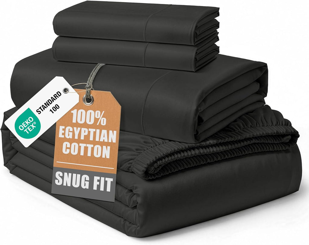 Sábanas 100% algodón egipcio tamaño King – Tejido satinado sedoso para una cálida comodidad invernal, sábanas King de 38 cm de profundidad, transpirables de forma natural, ropa de cama de lujo ultrasuave y duradera con calidad de hotel - Negro