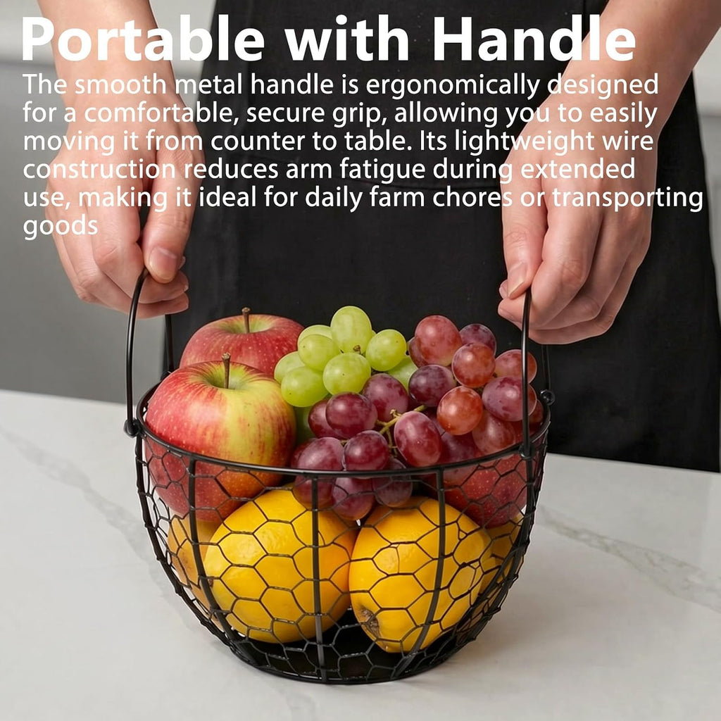 Cesta redonda de alambre para frutas, cuenco de frutas negro para cocina con asa, almacenamiento para el hogar, verduras, huevos, aperitivos, decoración de artículos para el hogar
