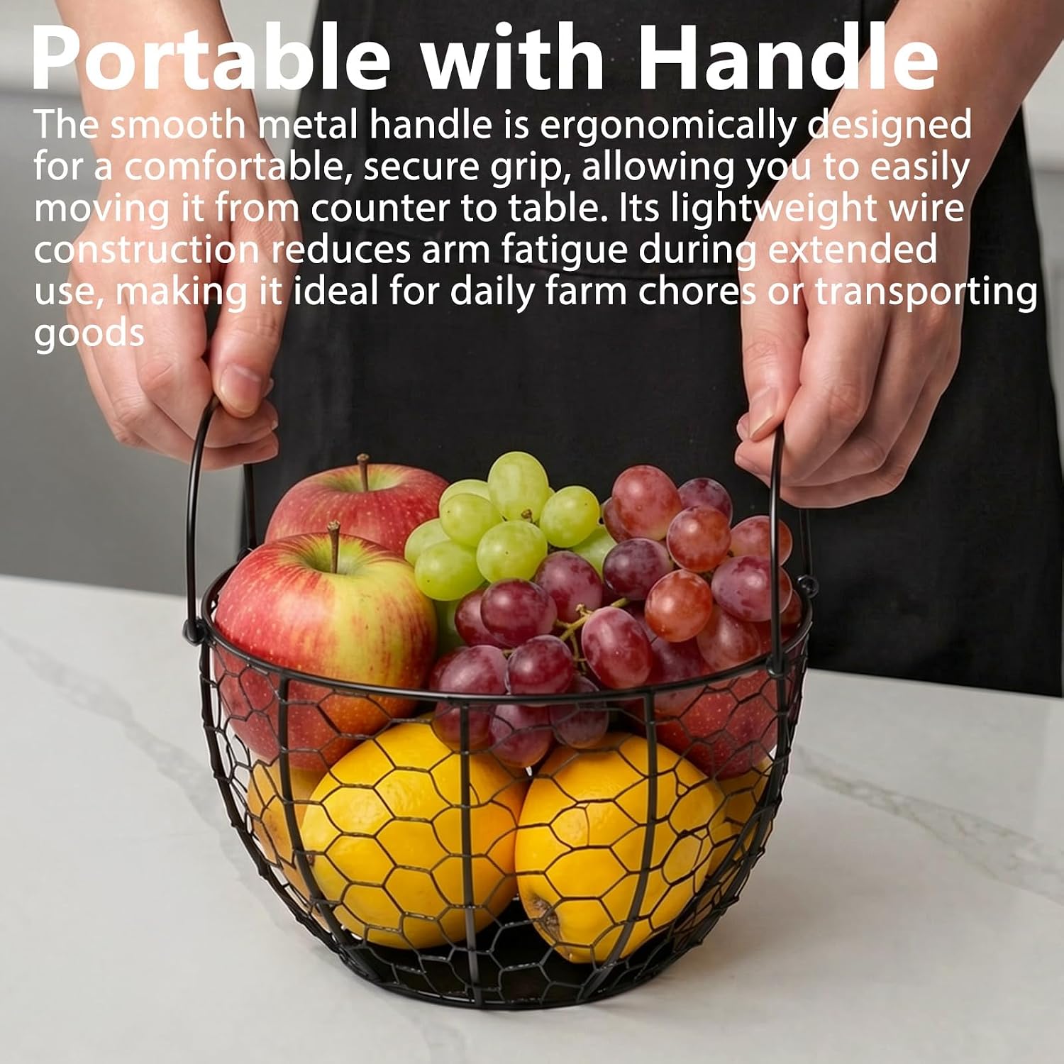 Cesta redonda de alambre para frutas, cuenco de frutas negro para cocina con asa, almacenamiento para el hogar, verduras, huevos, aperitivos, decoración de artículos para el hogar
