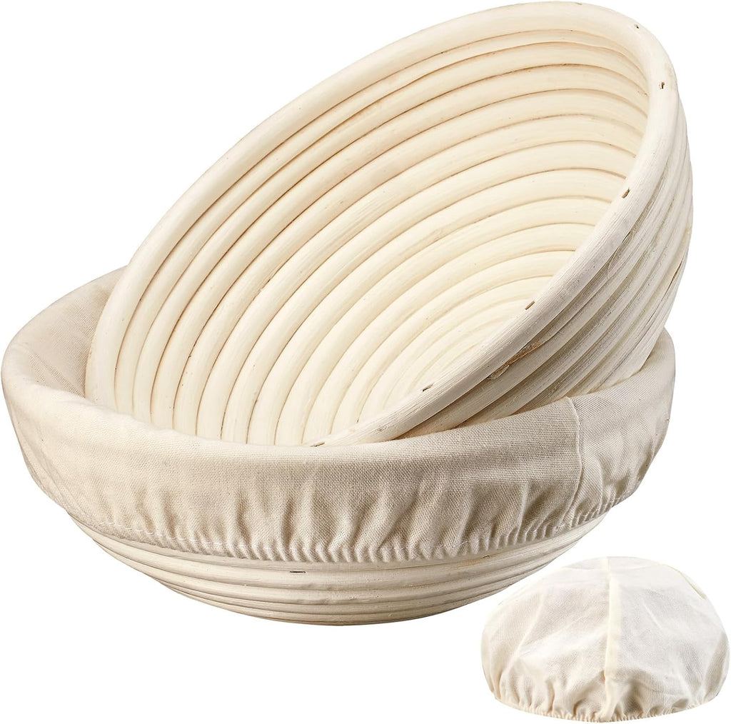 Cesta de fermentación de pan Banneton Dimpola - Juego de 2 cestas Banneton de 9 pulgadas para masa madre, cuencos redondos para fermentación, cestas y forros de ratán hechos a mano.