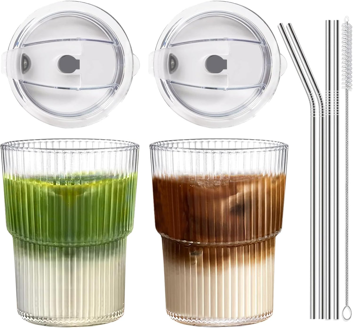 Vasos para café helado RÉΑLWÁY con tapas y popotes, juego de 2, 475 ml, vasos de plástico reutilizables resistentes, sin BPA, aptos para lavar en lavavajillas
