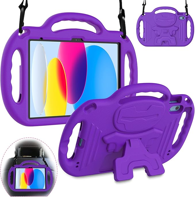 Funda para iPad de 10.ª generación para niños, funda para iPad 10.9, [correa para el hombro] [mango ligero] Fundas protectoras para niños a prueba de golpes para iPad de 10.9 pulgadas 2022 (10.ª generación), color morado