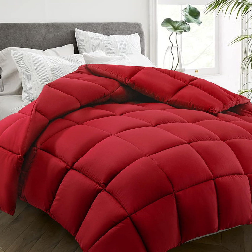 Edredón para cama king size HYLEORY para todas las estaciones - Relleno de edredón acolchado con relleno alternativo de plumón refrescante y pestañas en las esquinas - Cálido para invierno - Lavable a máquina - Rojo