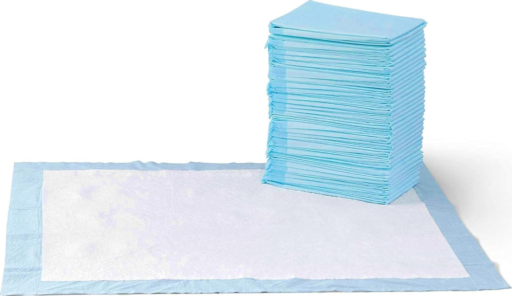 Pads de Entrenamiento Amazon Basics para Perros y Cachorros XL 28x34" – Antifugas 5 Capas Secado Rápido, Azul y Blanco, 40 Unidades