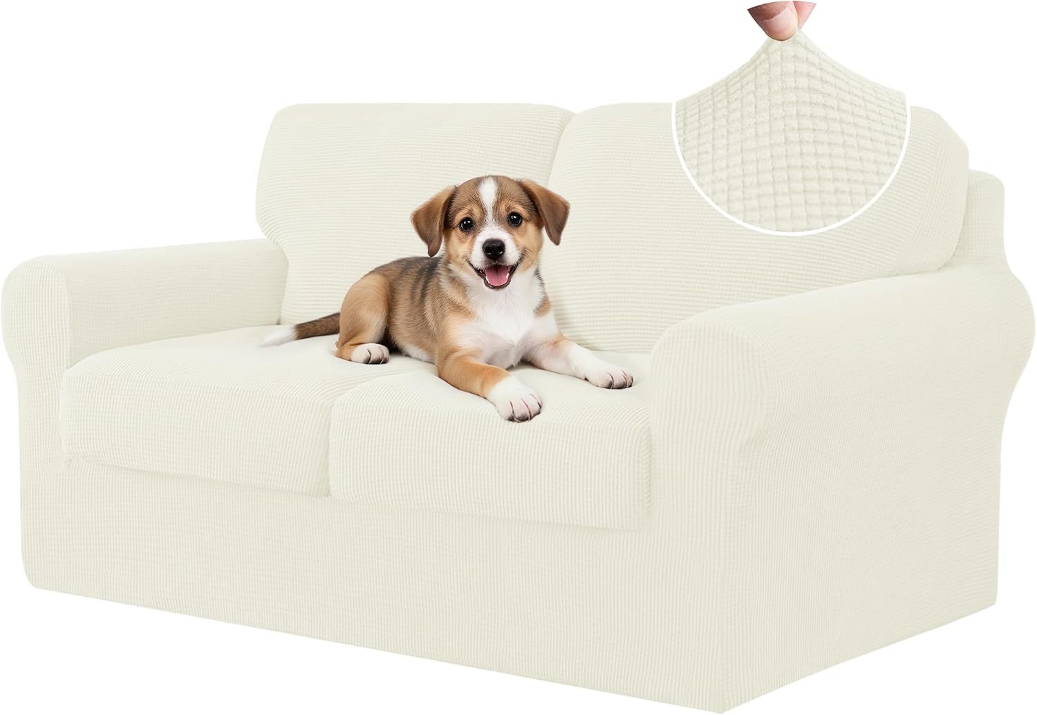 CHUN YI 5 Piece Loveseat Covers, Stretch Couch Covers for 2 Cushion Couch with Separate Backrest and Cushion Covers, Anti-Slip Washable Furniture Protector for Dogs Pets (Medium, Ivory)