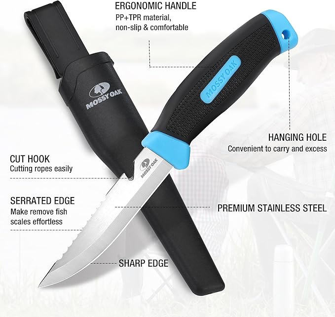 Mossy Oak Cuchillo de exterior de hoja fija de 4 pulgadas con vaina-azul océano