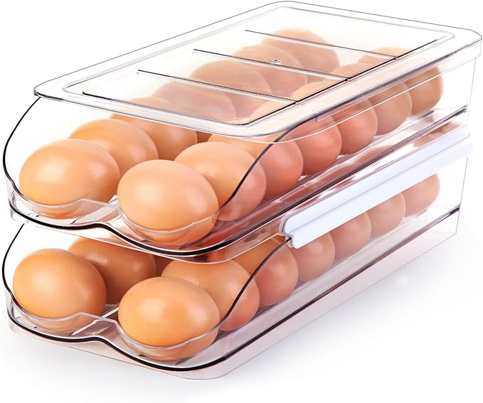 RoskDeewat Soporte para Huevos para Refrigerador, Contenedor de Huevos con Rodamiento Automático para Refrigerador, Organizadores Apilables para Refrigerador y Almacenamiento con Tapa, Dispensador